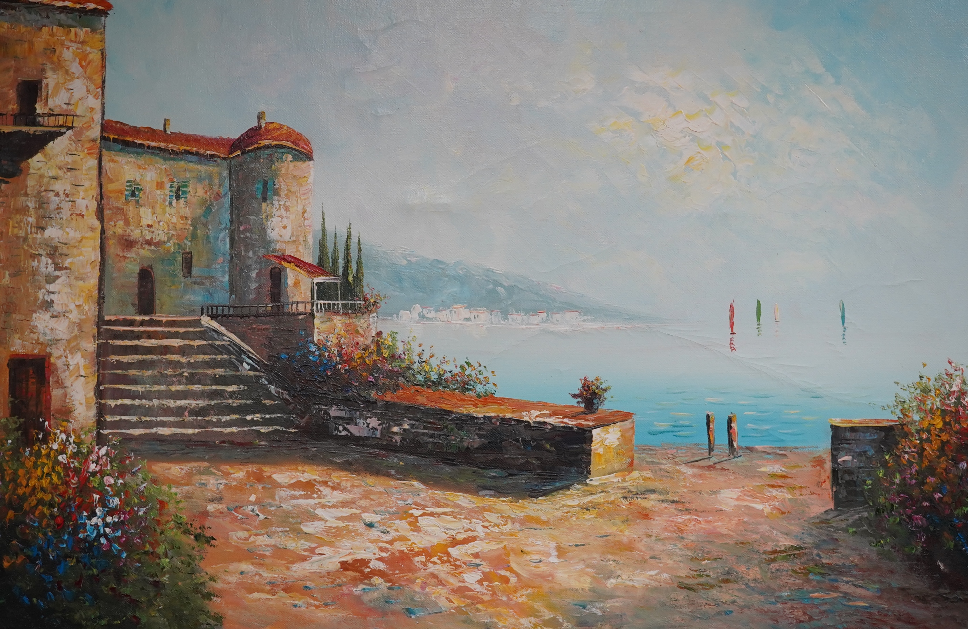 Contemporary impasto oil on canvas, Mediterranean lakeside landscape, unsigned, 60 x 90cm. Condition - fair